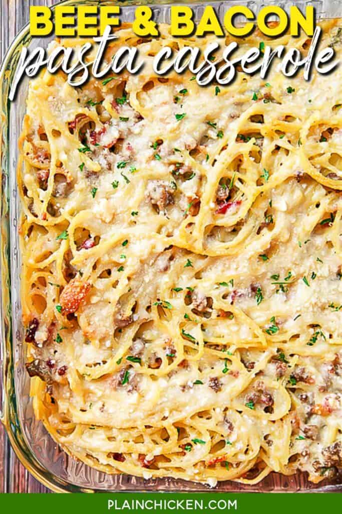 pasta casserole in baking dish with text overlay