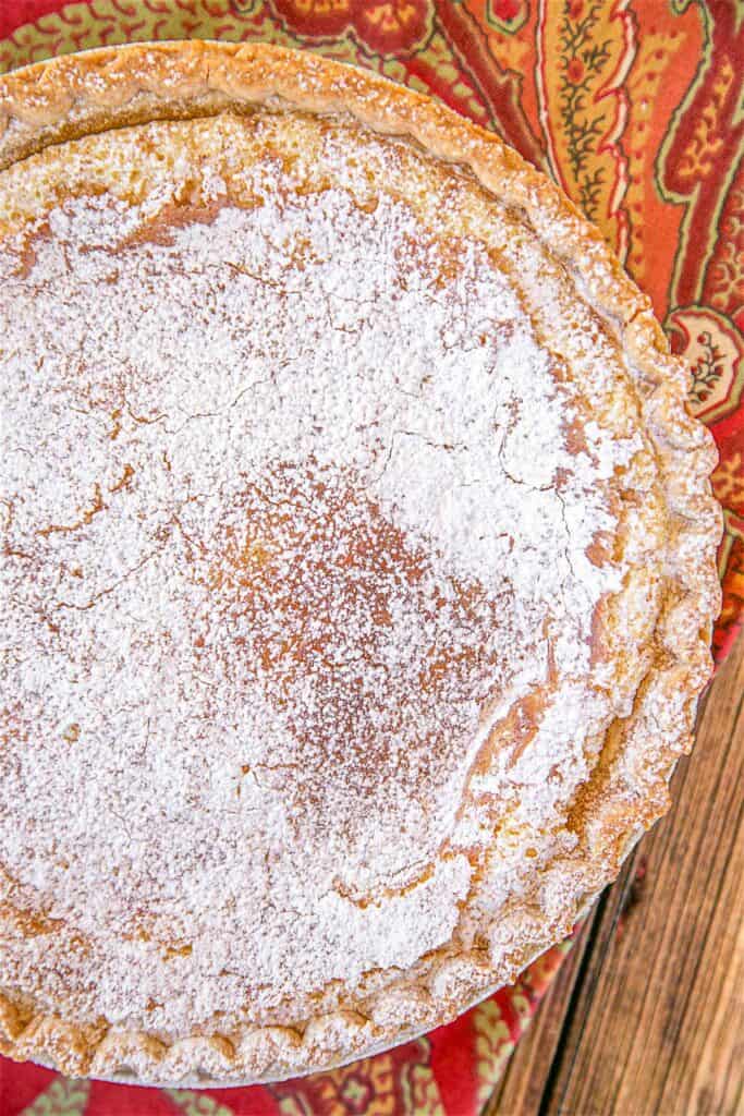 whole pie dusted with powdered sugar