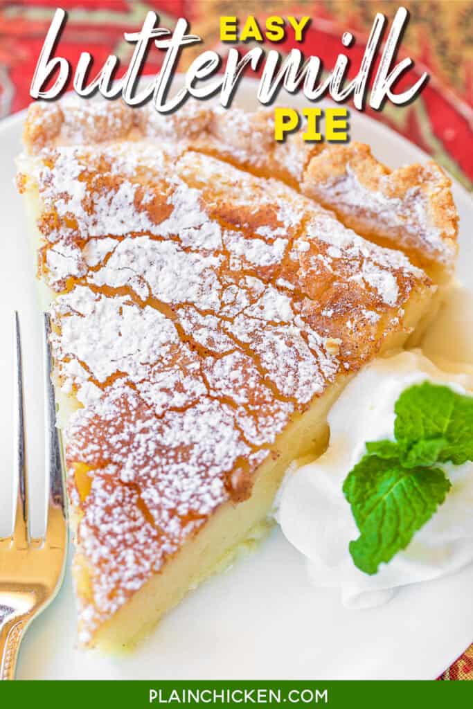 slice of buttermilk pie on a plate dusted with powdered sugar