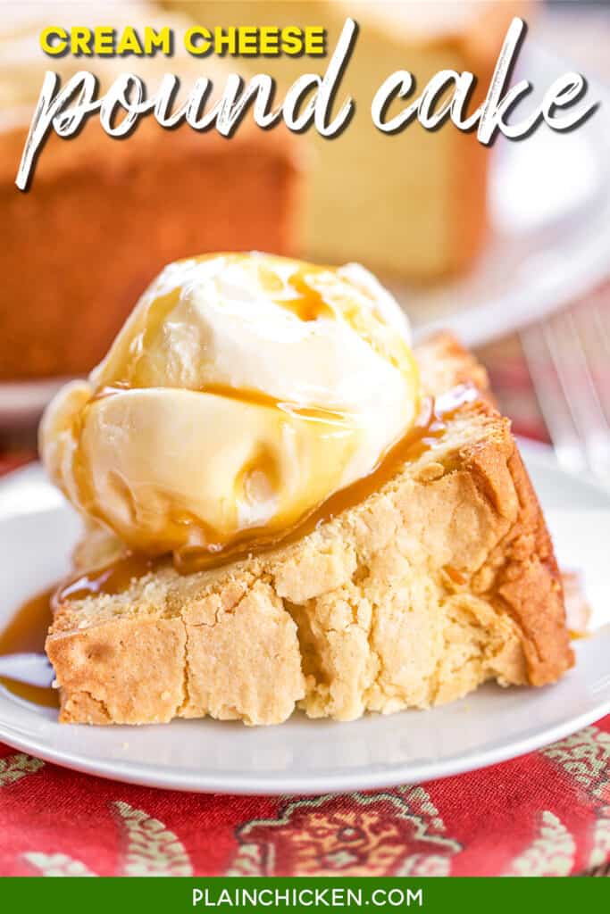 slice of pound cake topped with ice cream on a plate