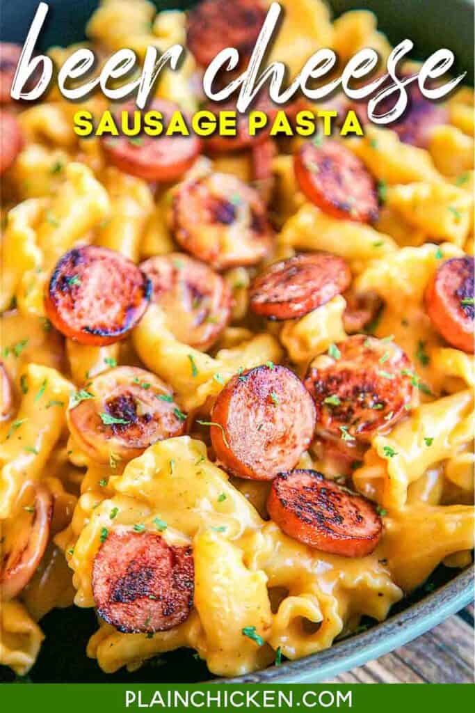 skillet of sausage and cheese pasta