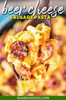 spoonful of beer cheese and sausage pasta