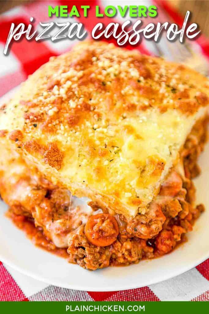 slice of pizza casserole on a plate