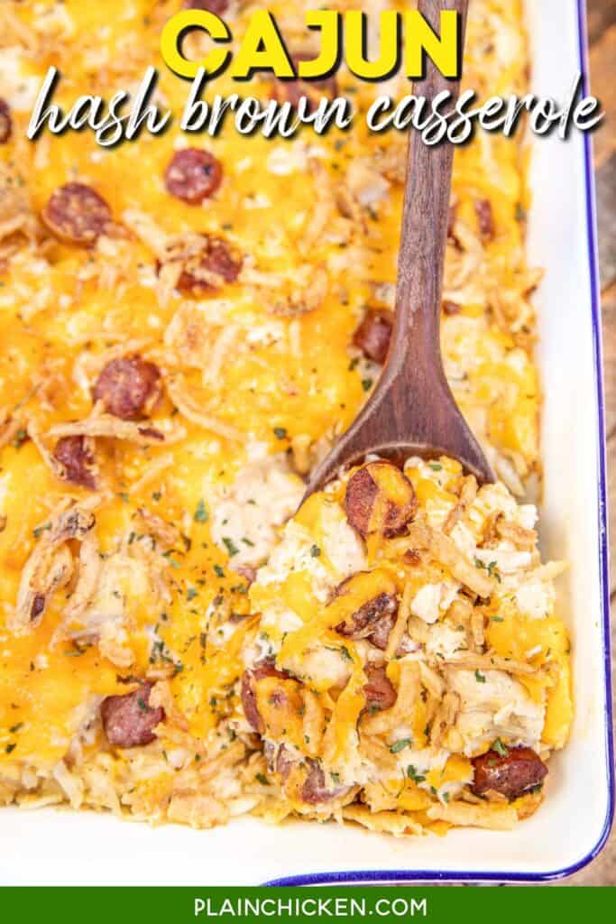 scooping potato casserole from a baking dish with text overlay