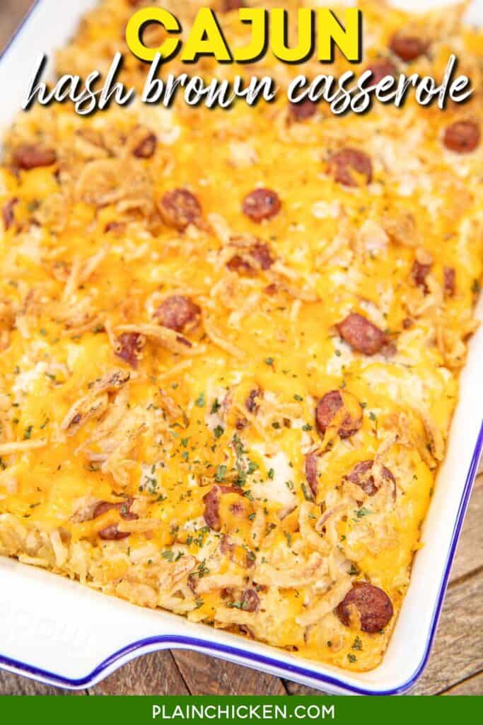 baking dish of sausage and chicken potato casserole with text overlay