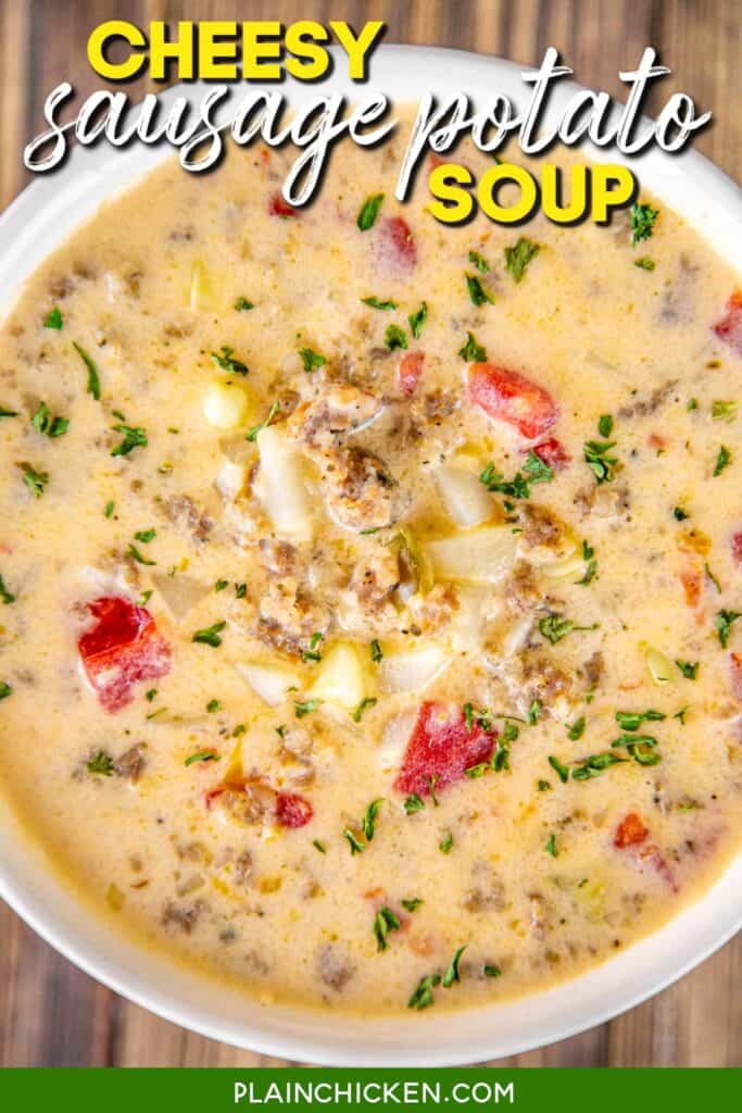 bowl of sausage and potato soup with text overaly