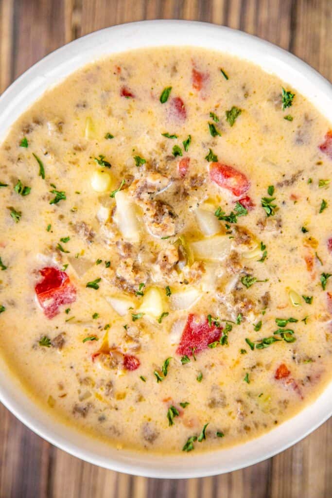 bowl of cheesy sausage potato soup