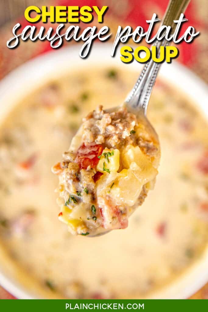 spoonful of sausage and potato soup with text overaly
