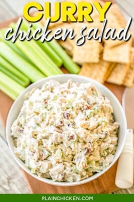 bowl of chicken salad with text overlay