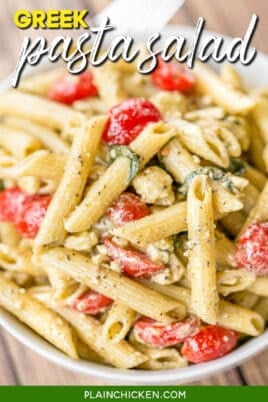bowl of pasta salad with feta and tomatoes