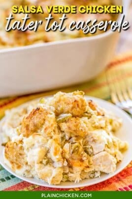 plate of chicken tater tot casserole with text overlay