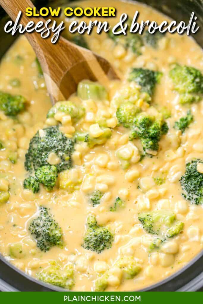 crockpot of cheesy corn and broccoli