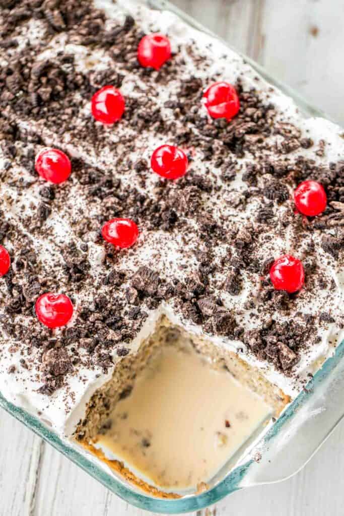 baking dish of cookies & cream tres leches cake