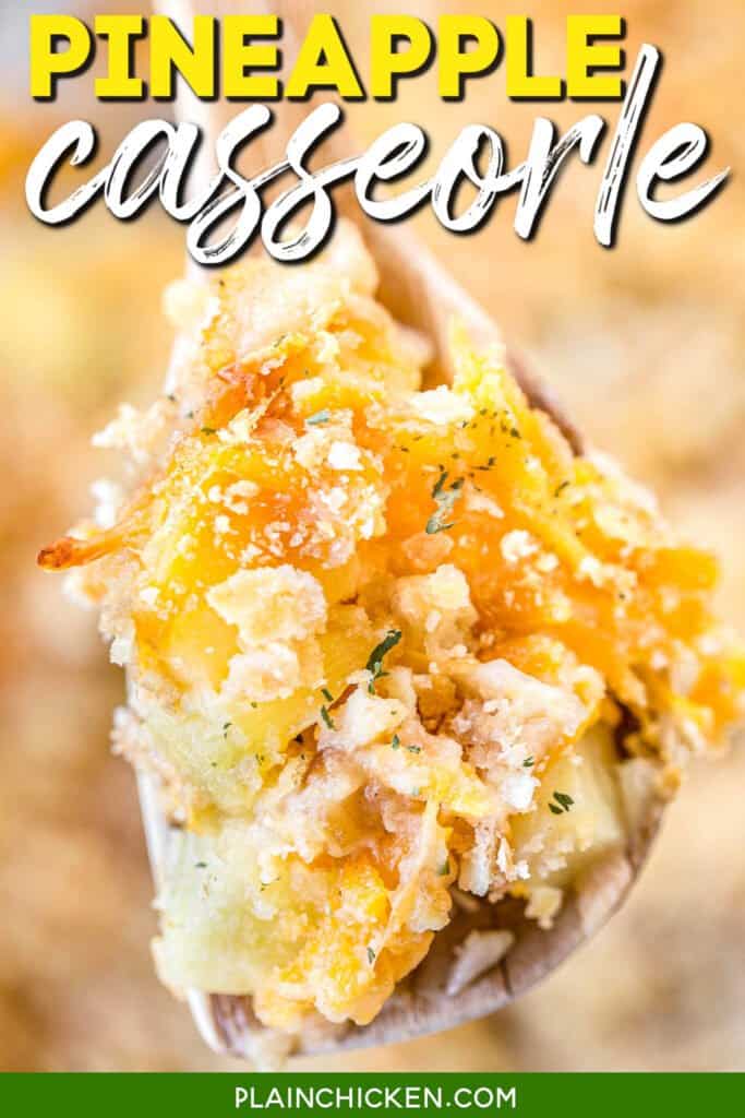 spoonful of pineapple cheese casserole with text overlay