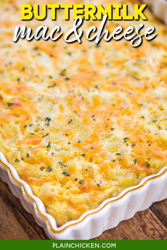 baking dish of mac & cheese with text overlay