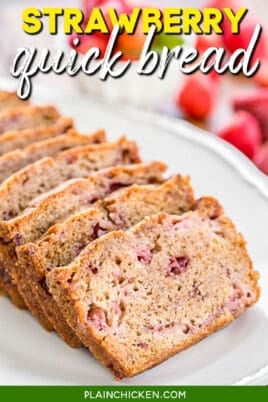 slices of strawberry bread on a platter with text overlay