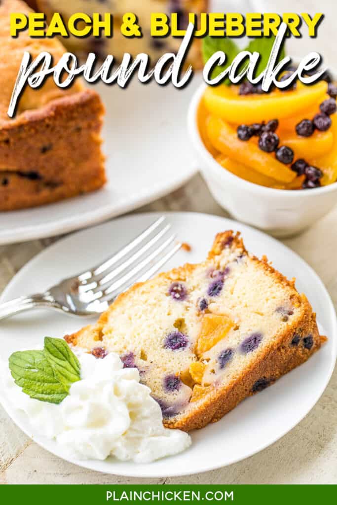 slice of peach and blueberry cake on a plate topped with whipped cream and mint with text overlay