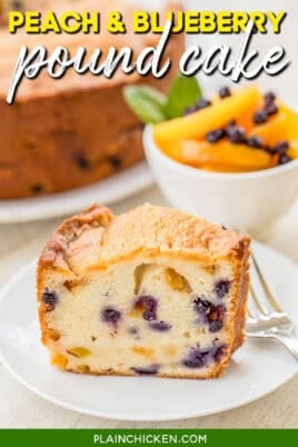 slice of peach and blueberry cake on a plate with text overlay