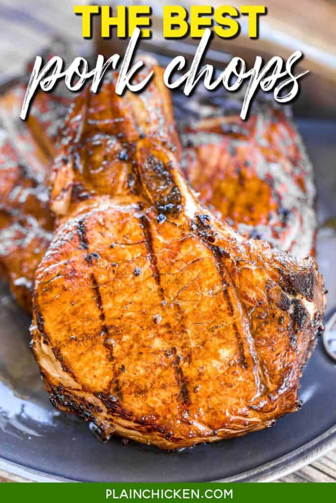 plate of grilled pork chops with text overlay