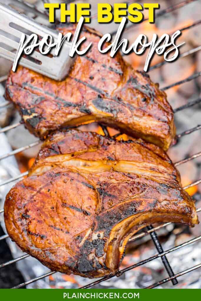 pork chops cooking on the grill with text overlay