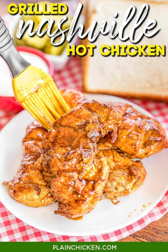plate of grilled nashville hot chicken with text overlay