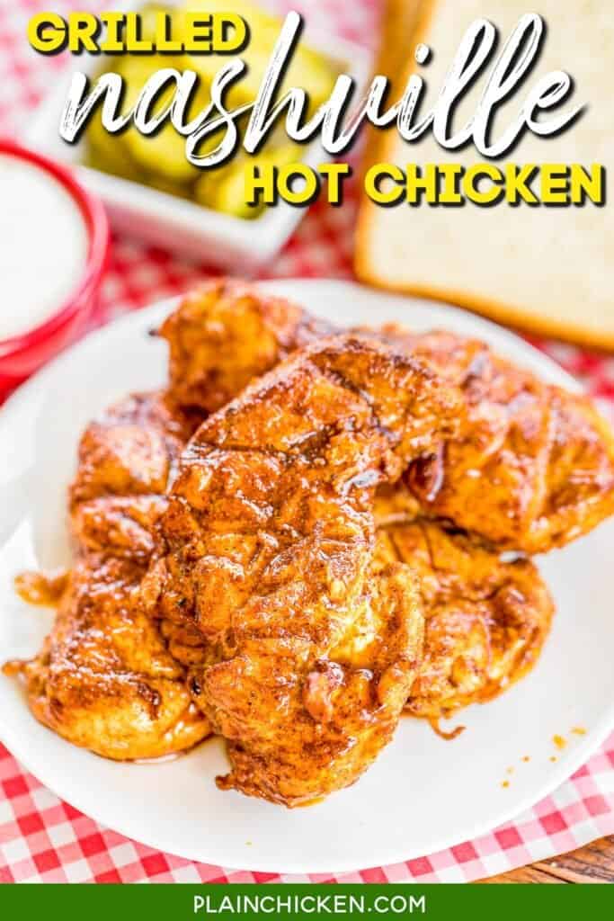 plate of grilled nashville hot chicken with text overlay
