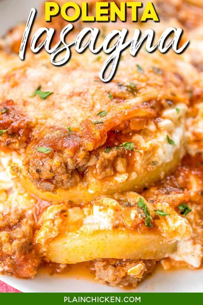 plate of polenta lasagna with text overlay
