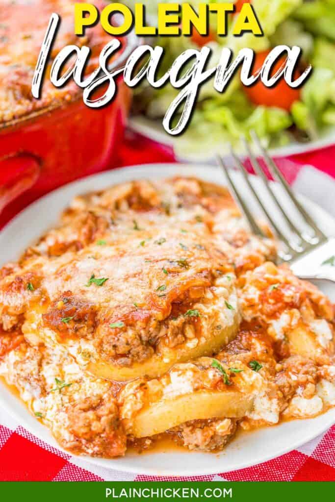 plate of polenta lasagna with text overlay