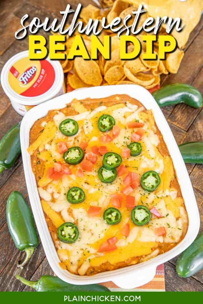 baking dish of bean dip with text overlay