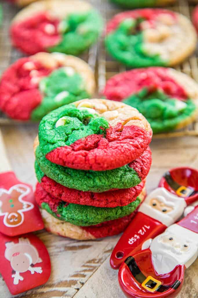 stack of red green and white chocolate chip cookies