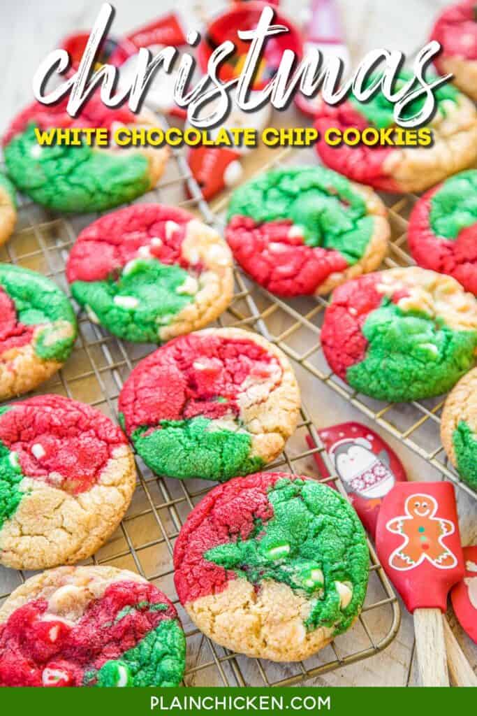 red green and white chocolate chips cookies on cooling rack