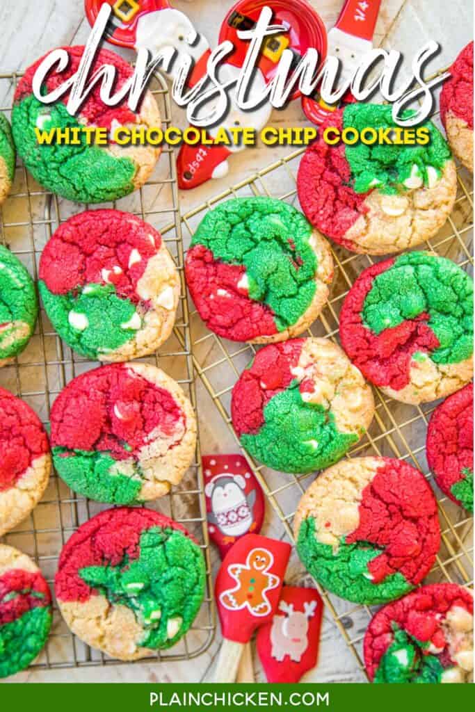 red green and white chocolate chips cookies on cooling rack