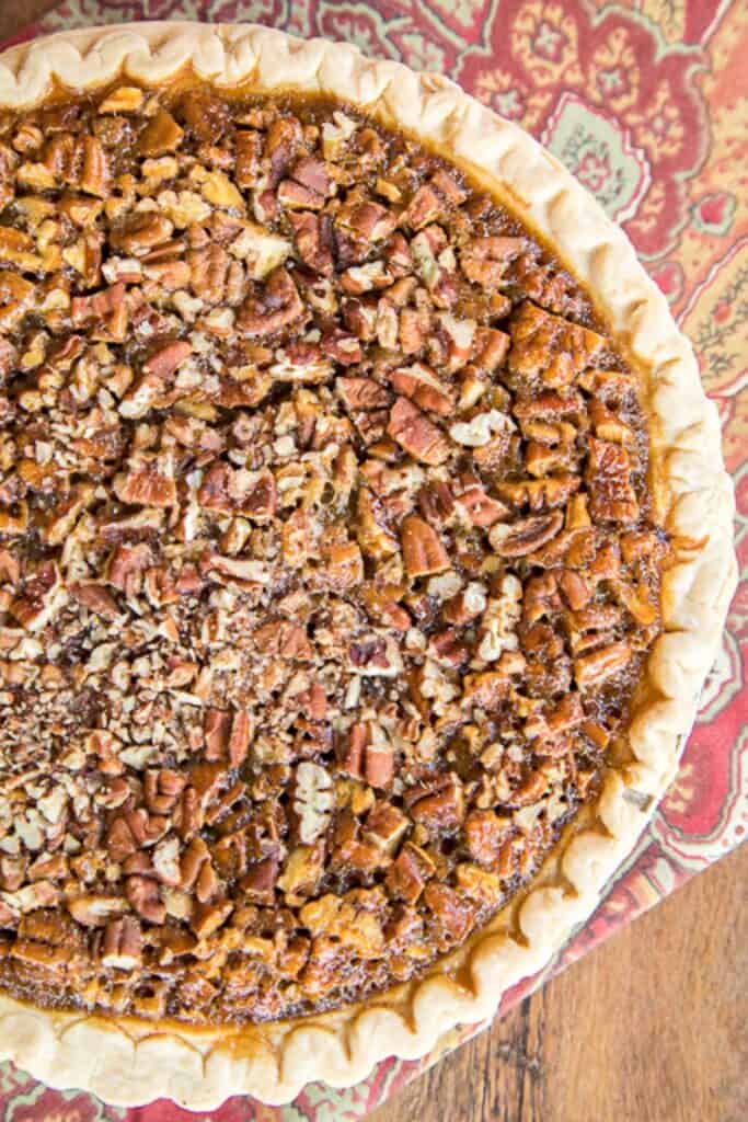 whole pecan pie on a table