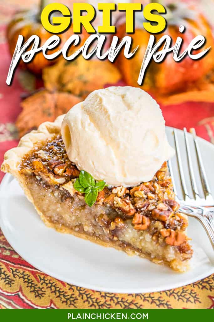 slice of pecan pie topped with ice cream with text overlay