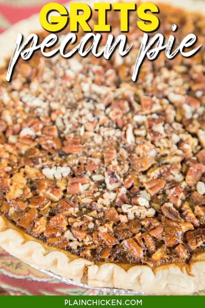 whole pecan pie with text overlay