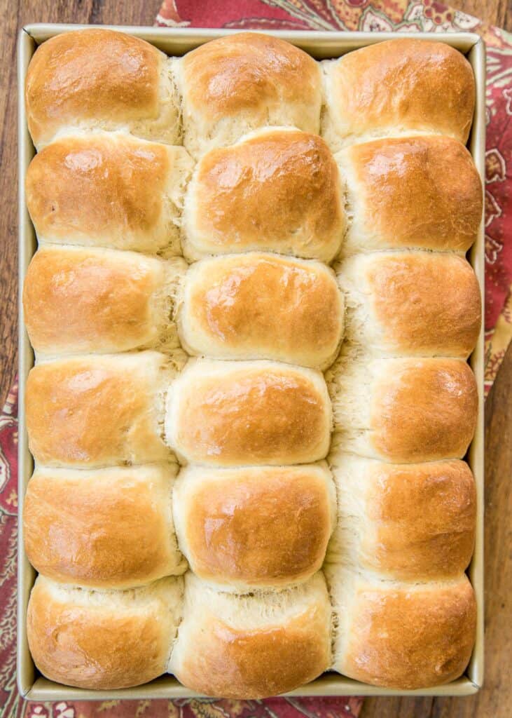 baking pan of freshly baked rolls