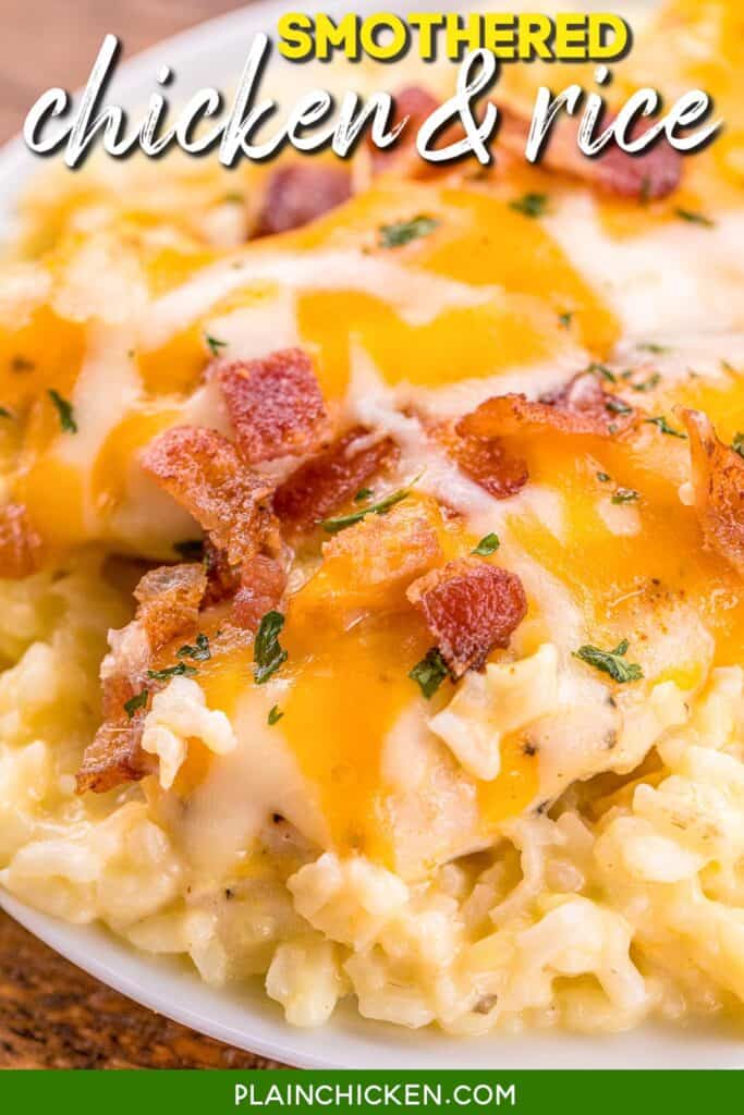 plate of cheese and bacon smothered chicken over rice