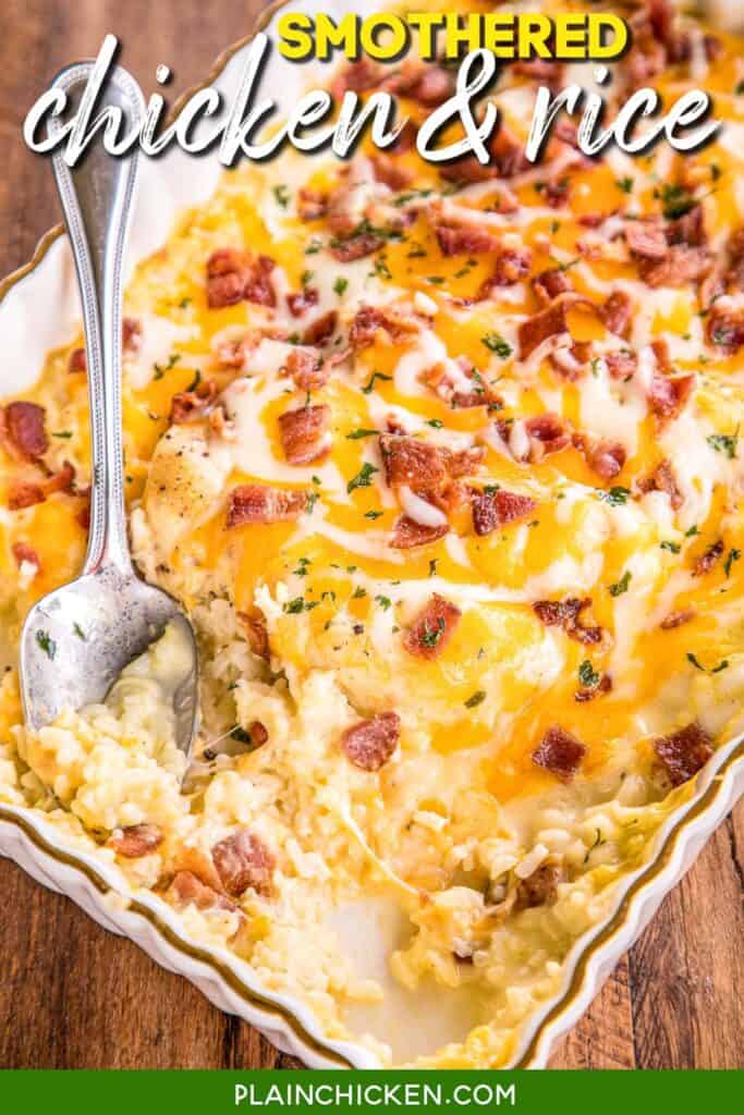 baking dish of cheese and bacon smothered chicken over rice