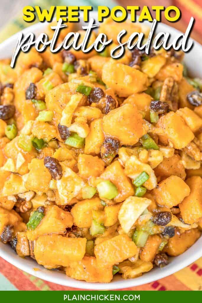 bowl of sweet potato salad with text overlay