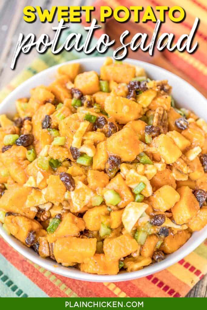 bowl of sweet potato salad with text overlay