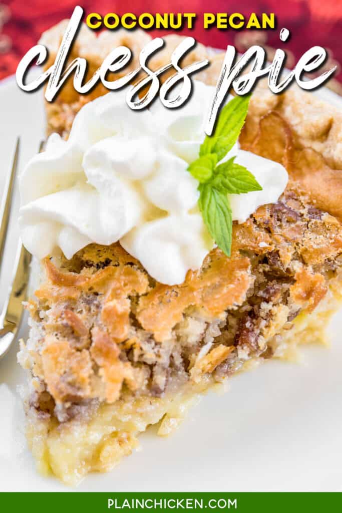 slice of coconut chess pie topped with whipped cream and mint