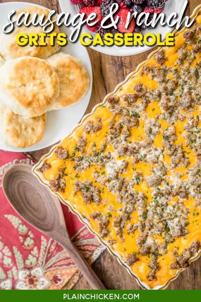 sausage and cheese grits casserole in baking dish