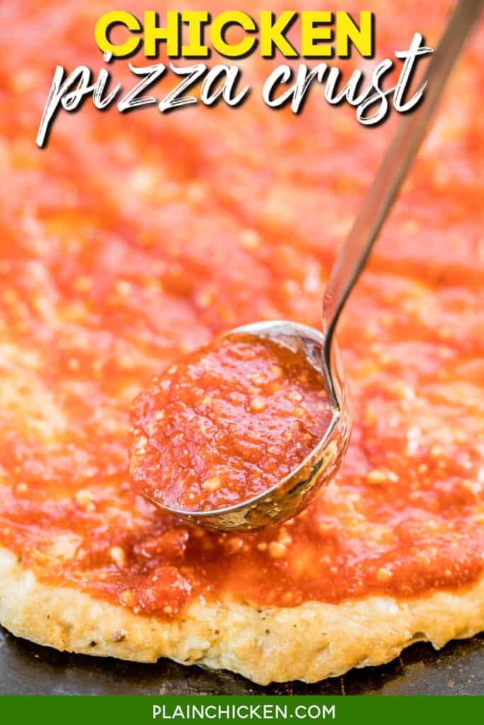 topping chicken pizza crust with tomato sauce with text overaly