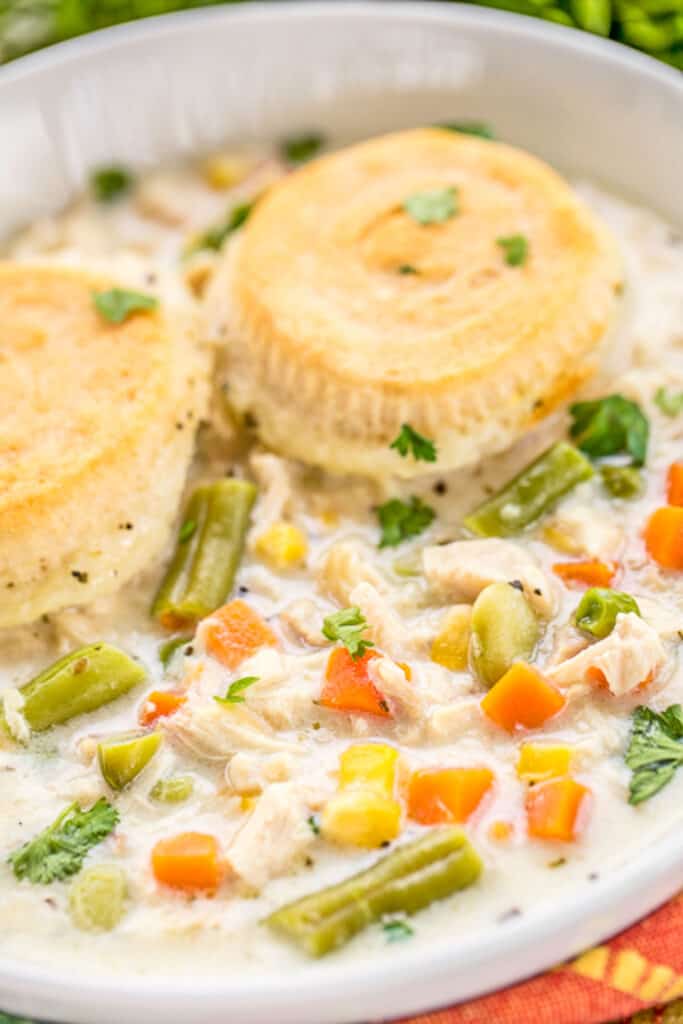 bowl of biscuit topped chicken soup