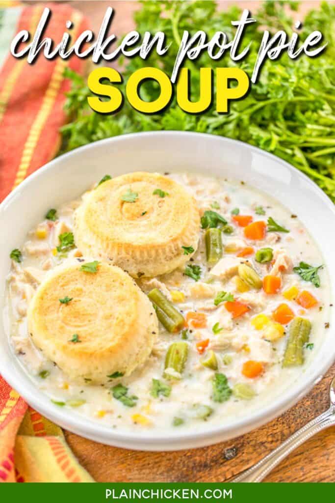 bowl of chicken pot pie soup with text overlay