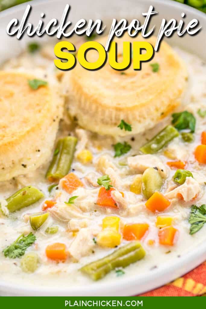 bowl of chicken pot pie soup with text overlay
