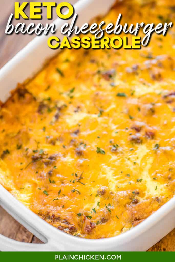 keto casserole in a baking dish with text overlay