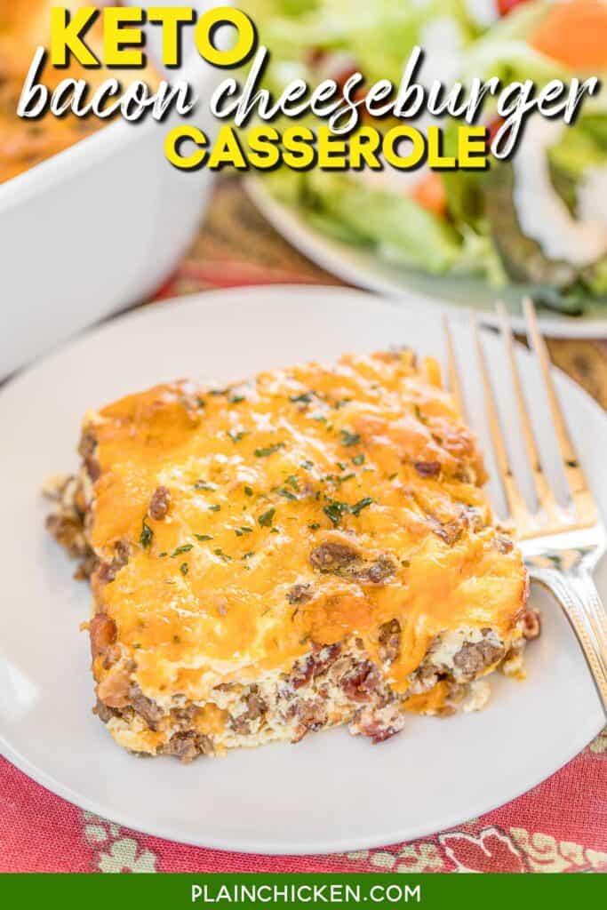 slice of bacon cheeseburger casserole on a plate with text overlay