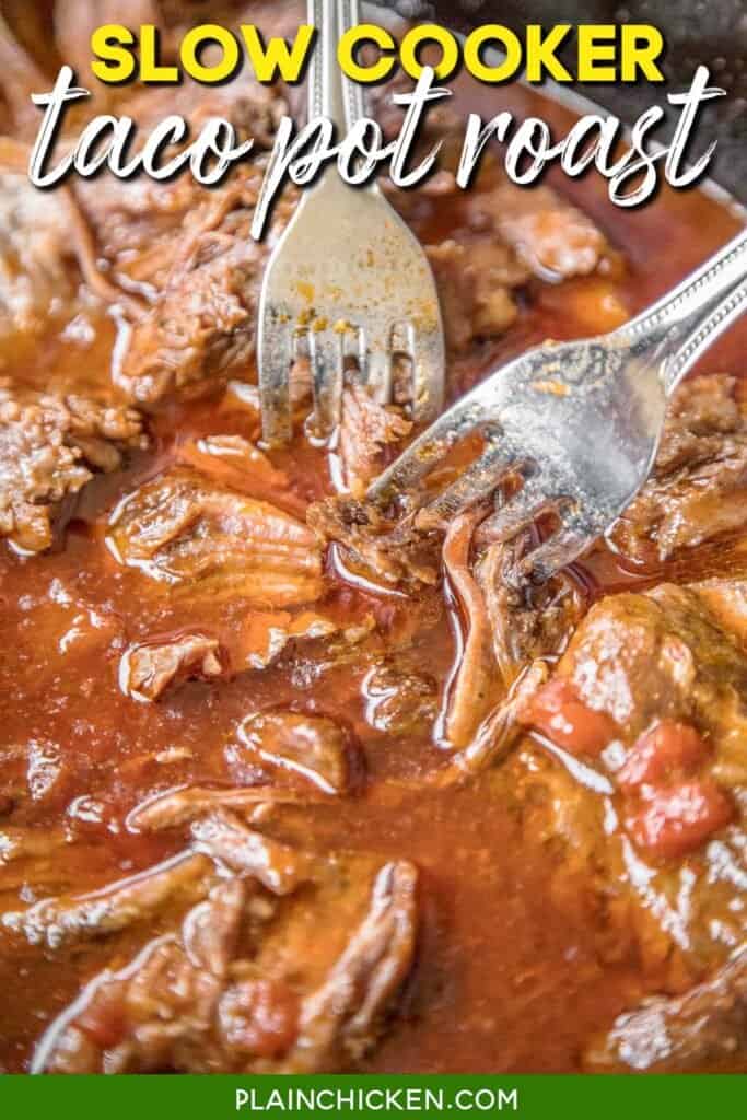 shredding pot roast in the slow cooker with text overlay