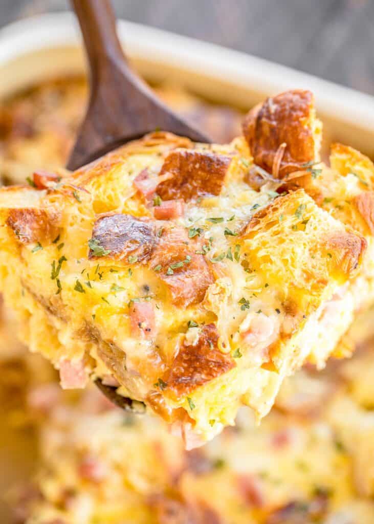 slice of ham and cheese croissant breakfast casserole